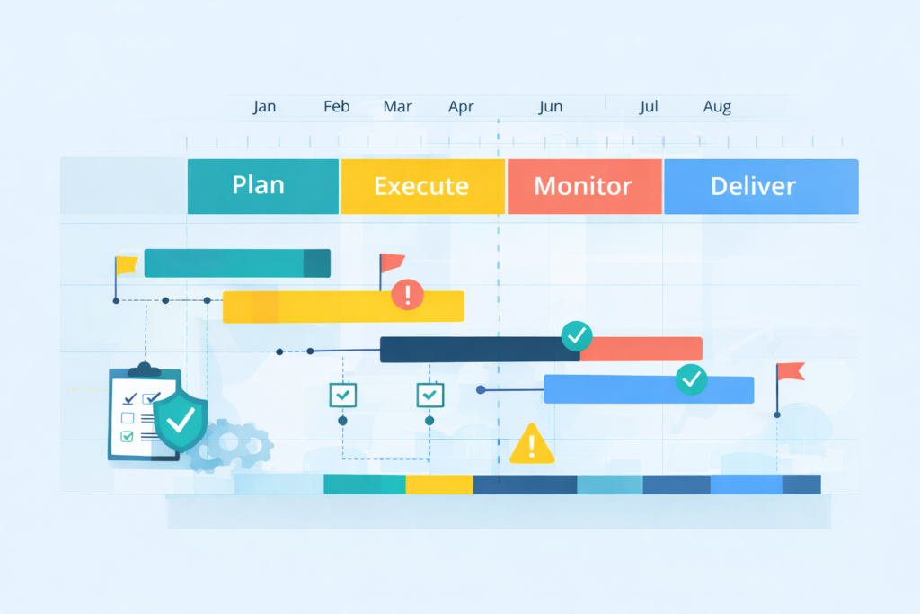 Services Illustration of a project timeline with phased delivery stages, task dependencies, milestones, risk indicators, and progress tracking across execution phases.